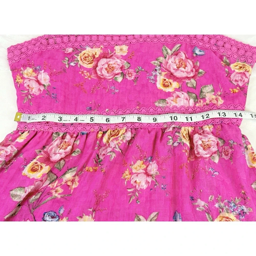 Blu‎ Pepper Pink Floral Lace Trim Maxi Dress Cottagecore Boho Romantic Size L